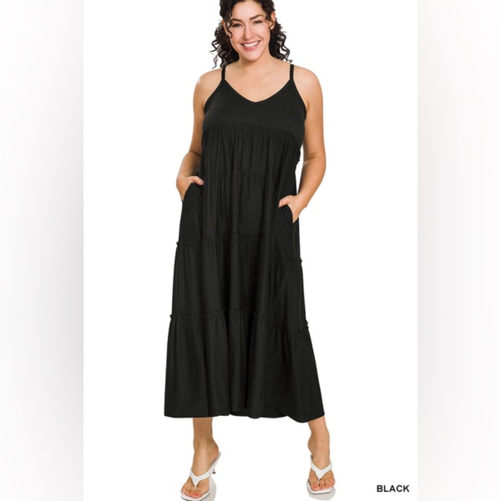 🆕 Zenana PLUS V-NECK CAMI MAXI TIERED DRESS W/ SIDE POCKETS